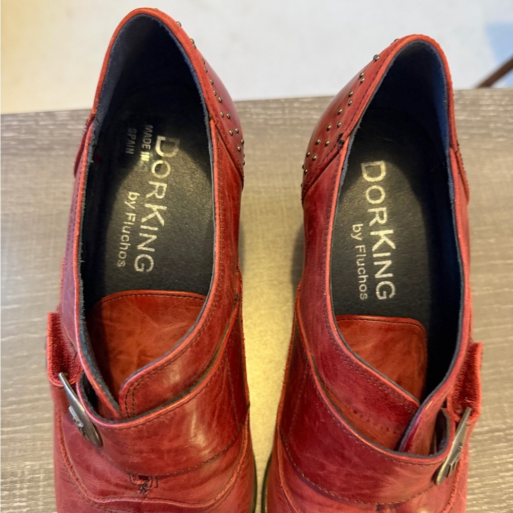DORKING by Fluchos Red Leather Heeled Shoes with Studded Detail - Picture 5 of 7